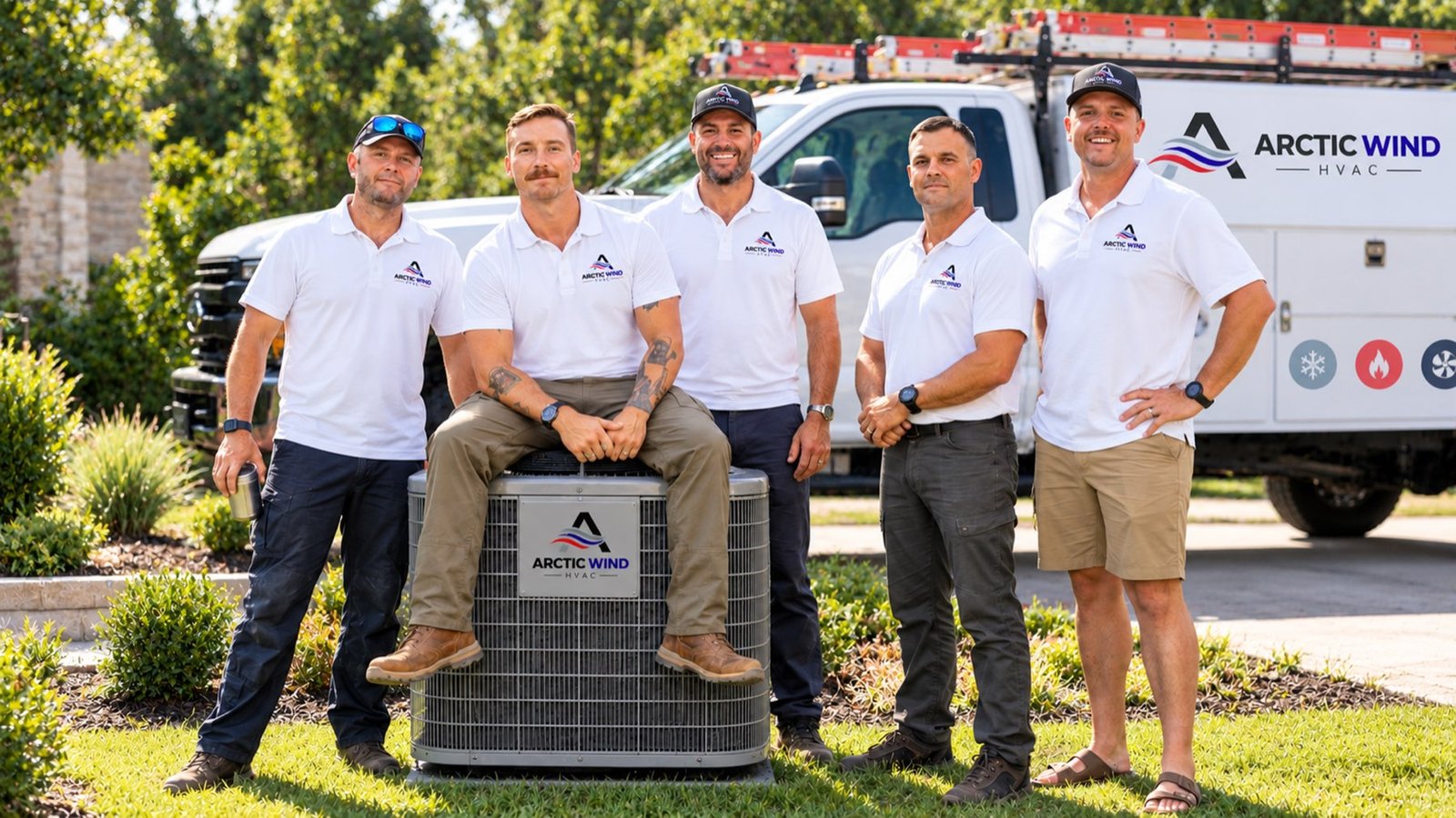 The Arctic Wind HVAC team of technicians standing beside their service truck in Austin