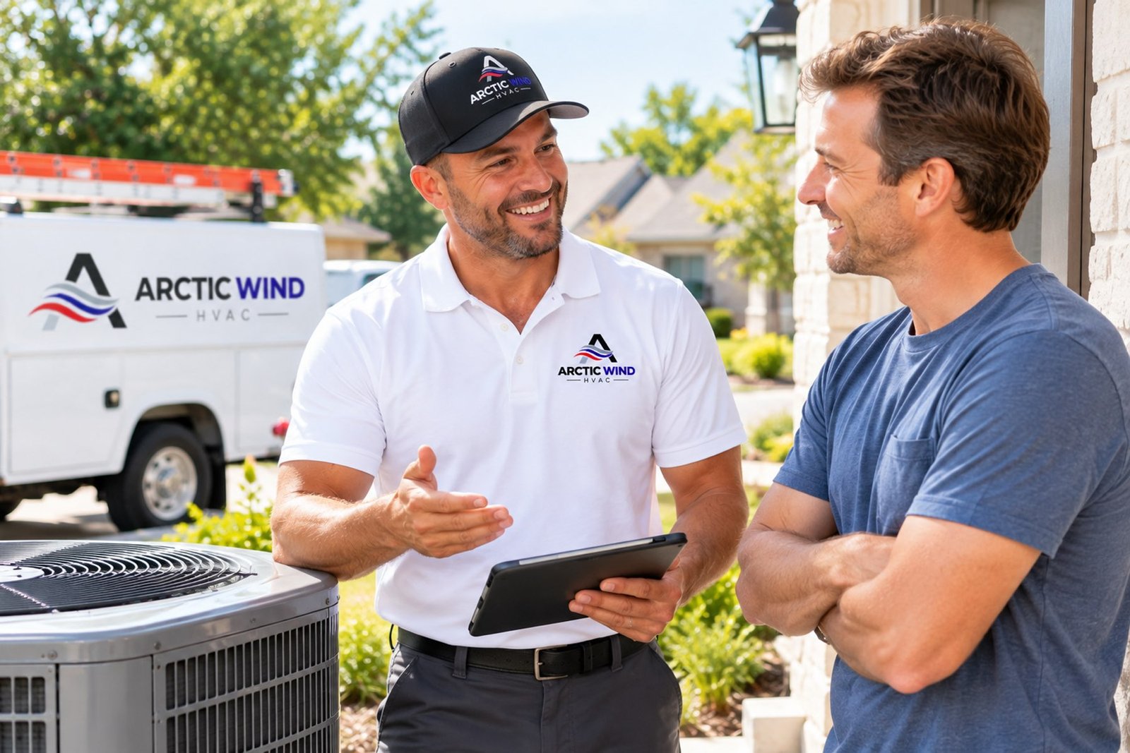 Arctic Wind HVAC technician explaining AC repair options to a homeowner